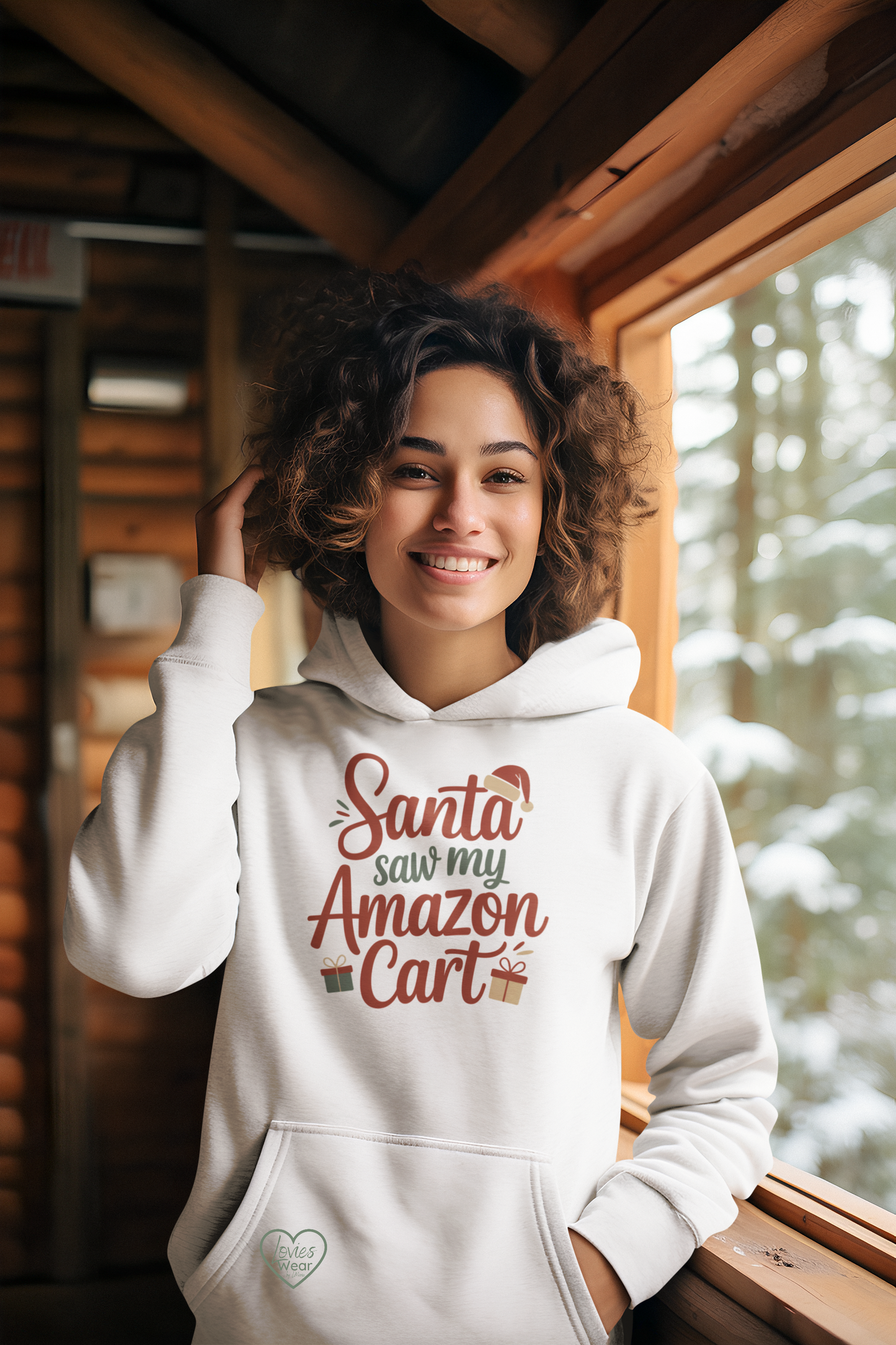 Santa Saw My Amazon Cart hoodie in white, funny Christmas outfit for holiday shopping and parties. Designed by Lovies Wear
