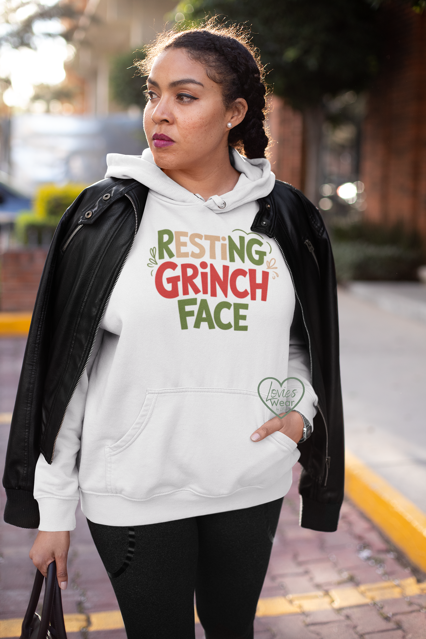 Resting Grinch Face Christmas hoodie in white, funny sarcastic holiday design by Lovies Wear