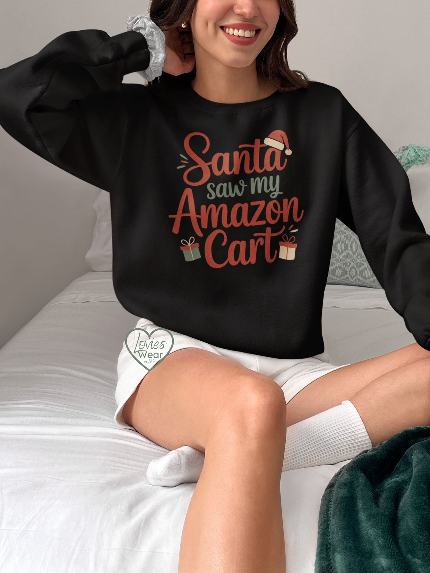 Santa Saw My Amazon Cart Christmas sweatshirt in black, funny holiday shopping design by Lovies Wear