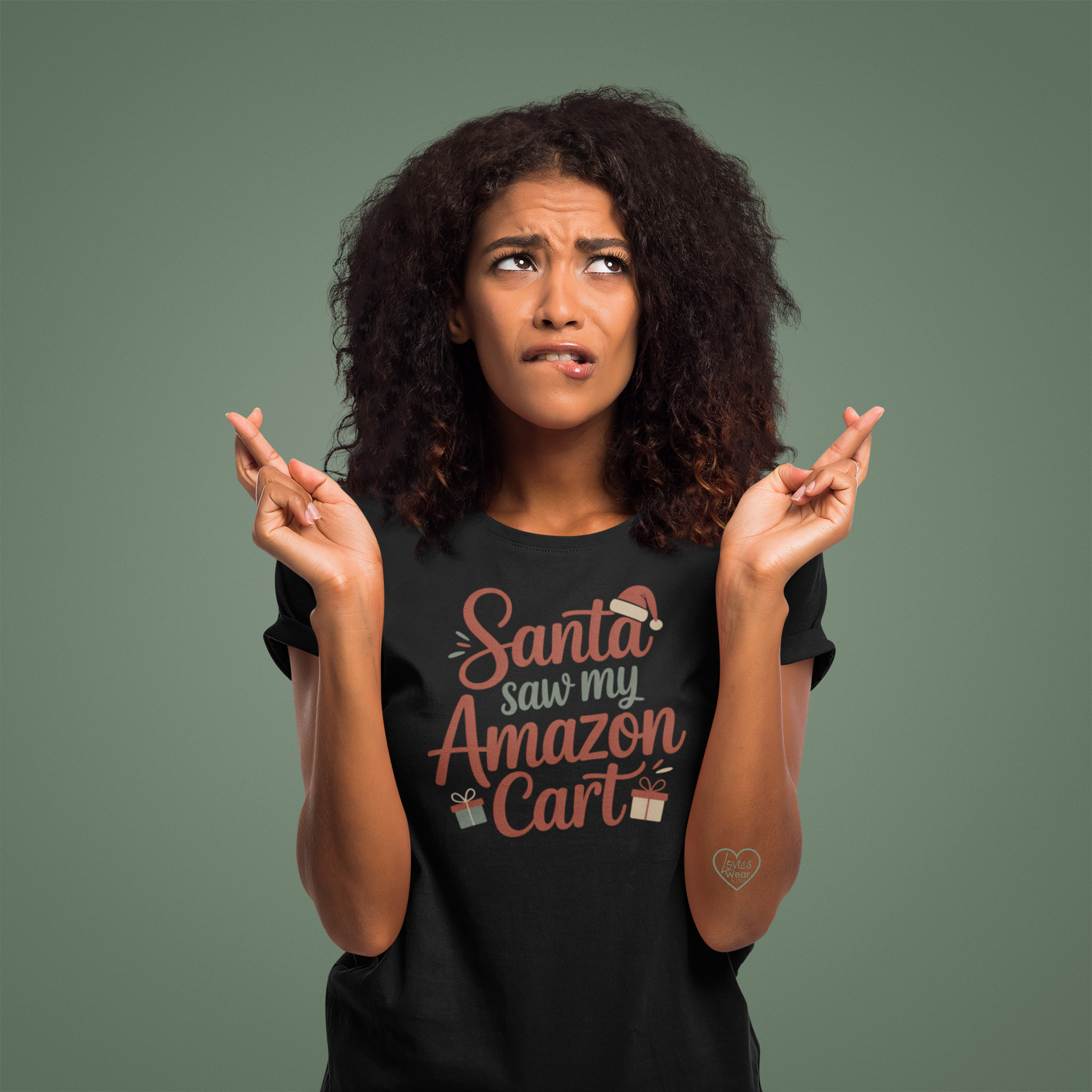 Christmas graphic tee reading Santa Saw My Amazon Cart, perfect for holiday errands and parties designed by Lovies Wear