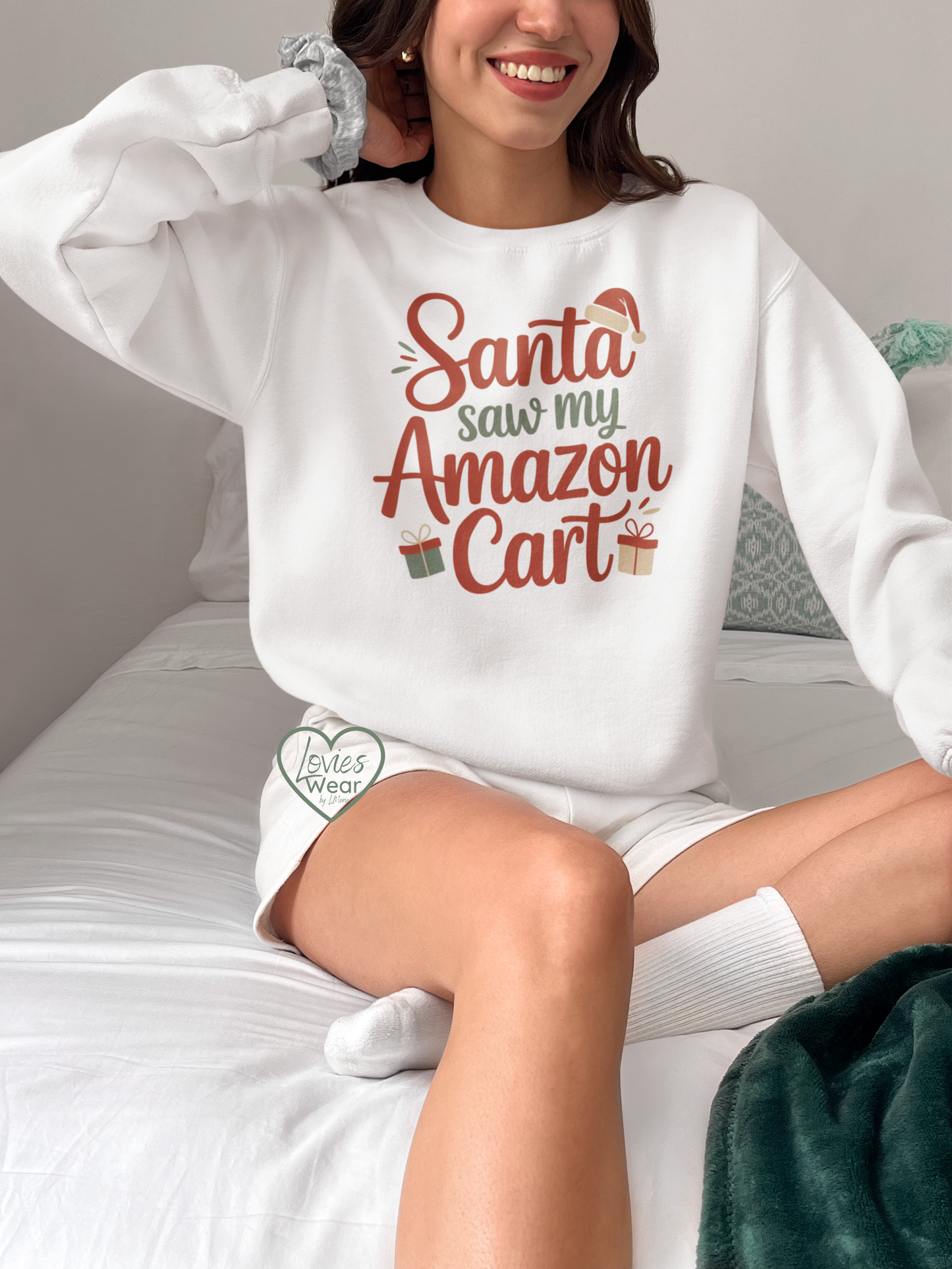 Funny holiday sweatshirt gift for women, Santa Saw My Amazon Cart design in festive colors by lovies Wear