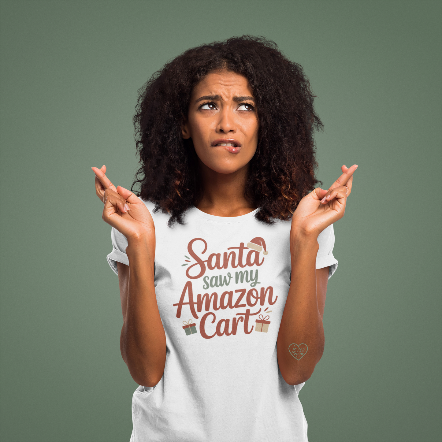 Santa Saw My Amazon Cart Christmas t-shirt in white, funny holiday shopping design by Lovies Wear