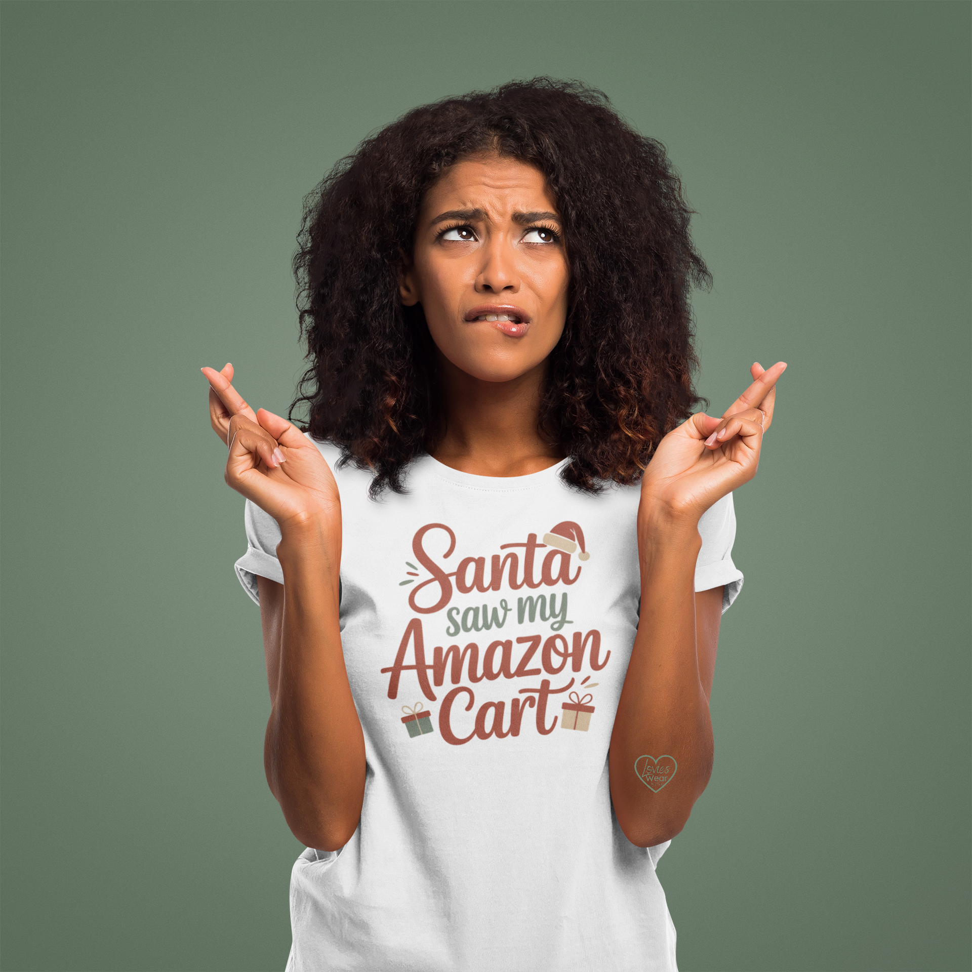 Santa Saw My Amazon Cart Christmas t-shirt in white, funny holiday shopping design by Lovies Wear