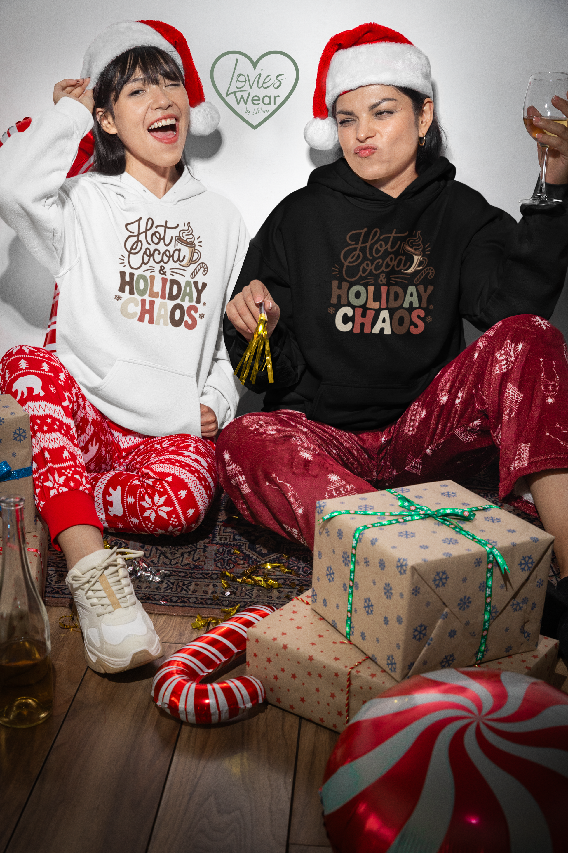 Hot Cocoa and Holiday Chaos sweatshirt in black, cozy Christmas graphic design for women, limited holiday drop by Lovies Wear