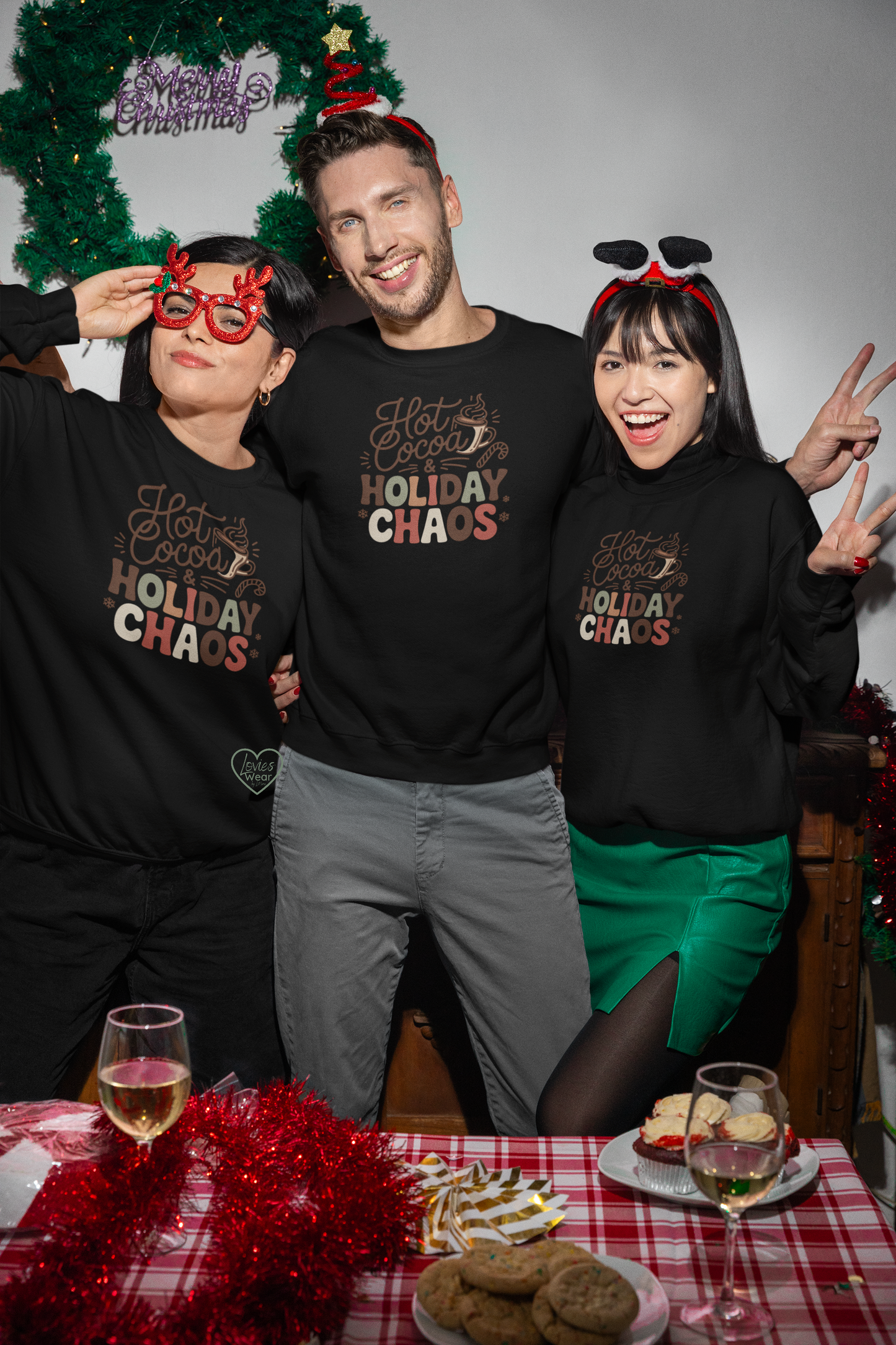 Hot Cocoa and Holiday Chaos sweatshirt in black, cozy Christmas graphic design for women, limited holiday drop by Lovies Wear