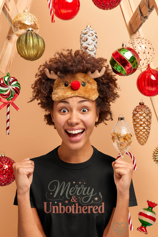 Merry and Unbothered Christmas t-shirtt in black, festive minimalist holiday design by Lovies Wear