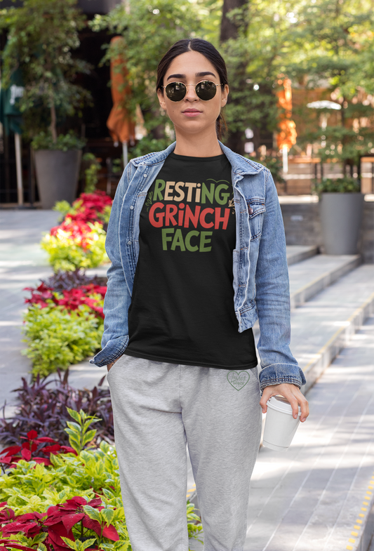 Resting Grinch Face Christmas t-shirt in black, funny sarcastic holiday design by Lovies Wear